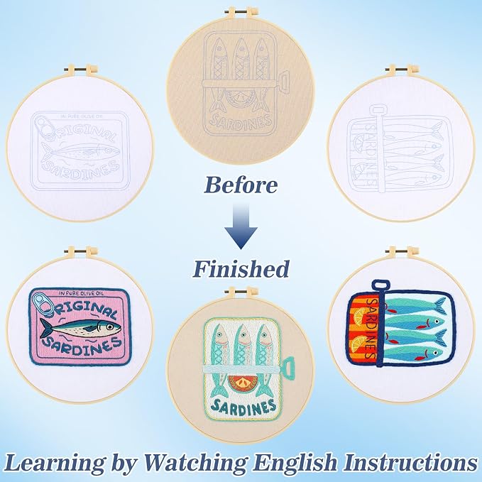 Mindsoft 3 Set Needlepoint Kit for Beginners with Hoop,Sardine | Bamboo Hoop Thread Needles Instructions, Easy Hand Embroidery for Beginners Home Crafts,Pre-stamped Funny Cute Designs