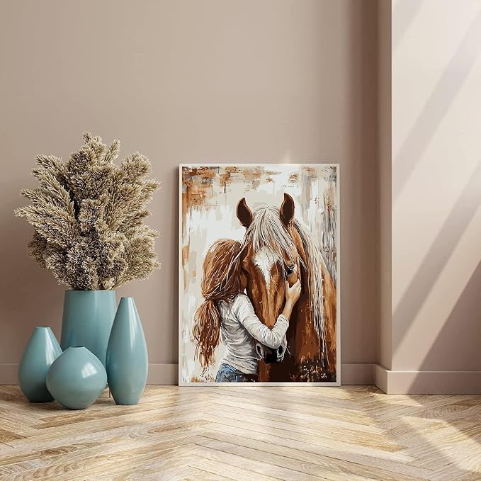 Girl Hugging Chestnut Horse Paint by Numbers Kit for Adults Beginner | Vintage Adult Paint by Number Kits on Canvas, Funny DIY Acrylic Oil Easy Painting by Numbers for Home Wall Decor&Gift12X16 in