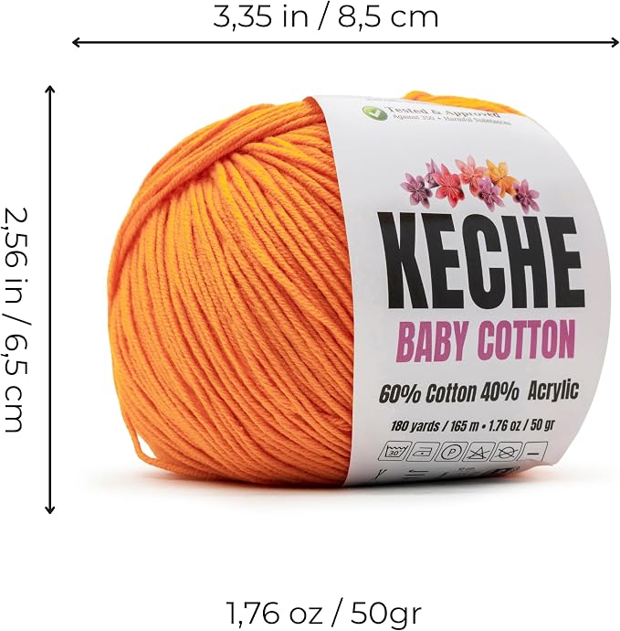 Keche Baby Cotton, 60% Cotton 40% Acrylic Yarn, Soft Cotton Yarn for Crochet and Knitting, Amigurumi Yarn 1 Skein/Ball 1.76 Oz (50g) / 180 Yrds (165m) - Pumpkin