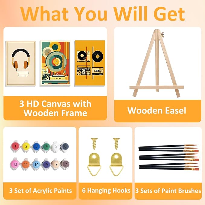 Mandun Music Paint by Numbers Kit for Adults, 3 Pack, 7.8x11.8 inch | DIY Painting Kits Crafts for Adults, Relieve Stress, Frame Canvas, Wooden Easel, Gift Box, Home Wall Decor