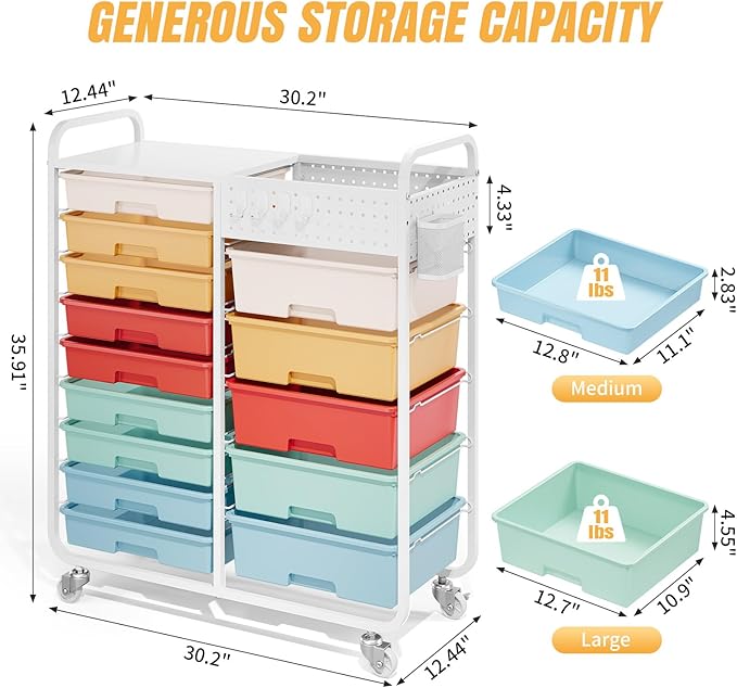 14 Drawer Rolling Storage Cart with Tabletop and Pegboard for Craft Color | Easy Setup, Large Capacity, Sturdy Build, Smooth Mobility, For classroom, office and dorm supplies