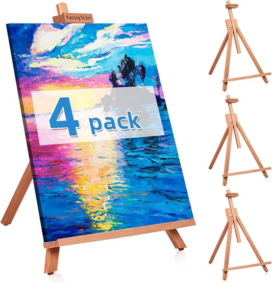 4 Pack Beechwood 25’’ Tabletop Easel Display Stand Set for Painting | Holding Canvas Up to 22 1/2 Inches High, Artist A-Frame Tripod with Rubber Feet, Portable Photo and Sign Holder