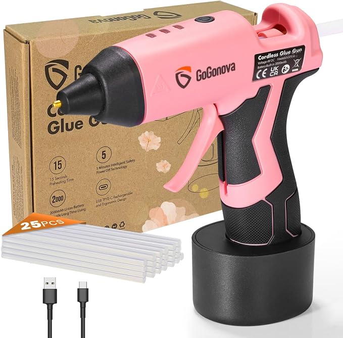 GoGonova Cordless Hot Glue Gun Kit, 2Ah Battery, Includes 25 Glue Sticks