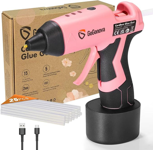 GoGonova Cordless Hot Glue Gun Kit, 2Ah Battery, Includes 25 Glue Sticks