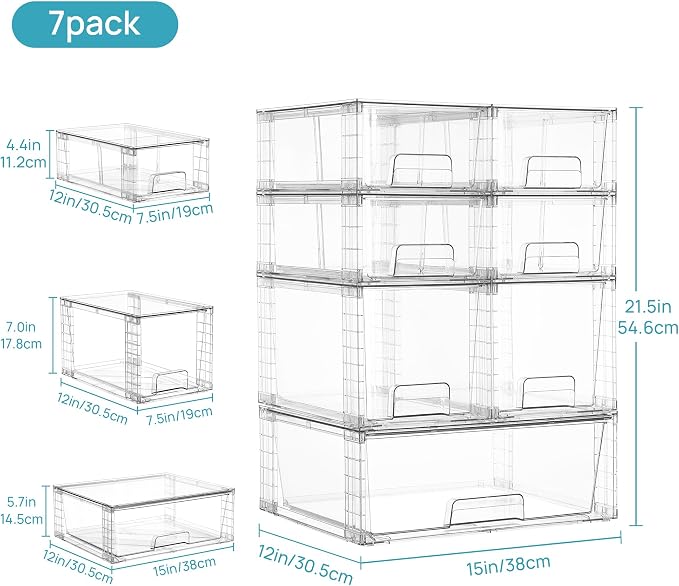 Vtopmart Clear Stackable Storage Drawers, 7 Pack Multi Size Set
