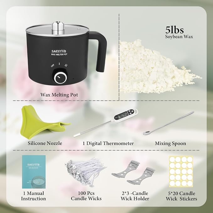 SAEUYVB 5lbs Soy Wax for Candle Making with 1.8L Wax Melter Pot | DIY Candle Making Supplies/Kit for Adults Beginnner,Including Soy Wax Flakes,Electric Wax Melter,Candle Wicks and More