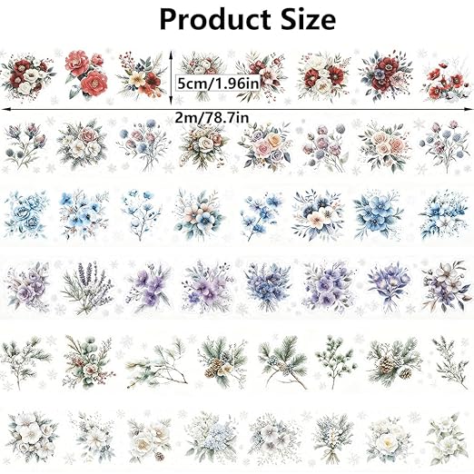 6 Rolls Colorful Winter Floral Washi Tape Set Snowflake Landscape Flower Washi Tapes Transparent PET Tape Stickers for Journaling Junk Journal Supplies Crafts Decorative Tapes Scrap Booking Supples