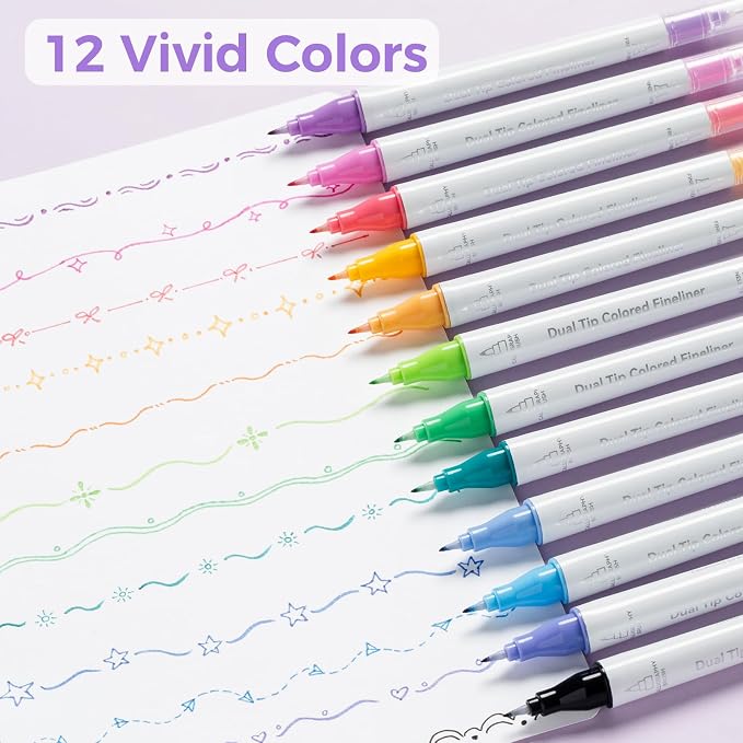 Ohuhu 12 Colors Brush & Fineliner Dual Tips Colored Drawing Pens for Adults