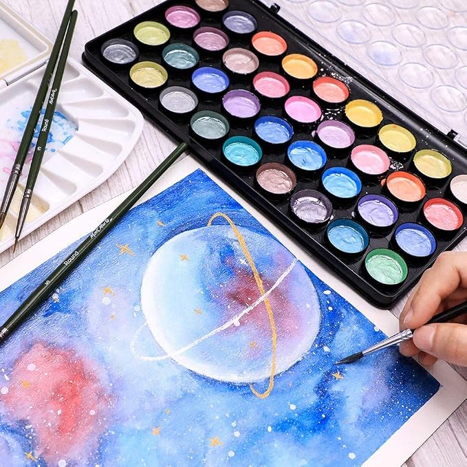 Mont Marte Signature Metallic Watercolor Set, 37 Piece Pearl Paint, 36 Vibrant Colors, 1 Paint Brush