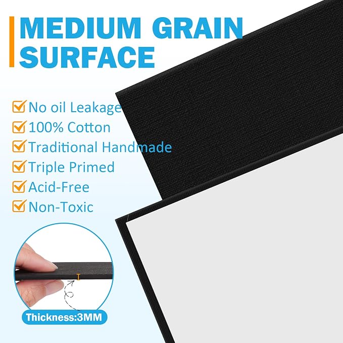 12 Pack Canvas for Painting 8x10 Inch, Black Canvas Boards for Painting Cotton Primed Acid Free Blank Canvas Panels for Oil, Acrylic Paint and Tempera.