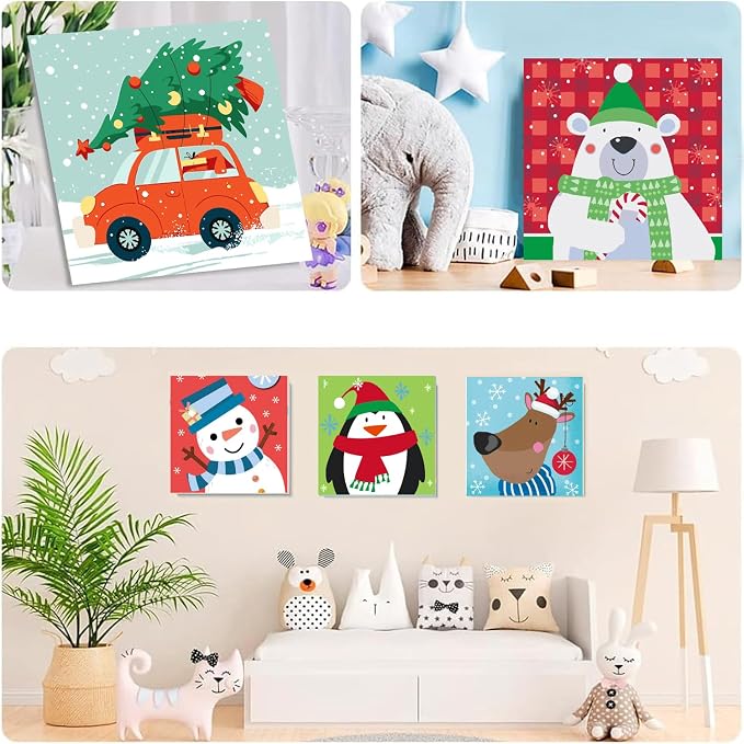 MXCFZX 6 Pcs Easy Christmas Paint by Numbers Kit Kids/Adults Framed 8x8in | Christmas Acrylic Paint by Numbers on Canva,Santa Oil Painting with Brushes,Beginners Paint-by-Number Kit for Home Wall Decor