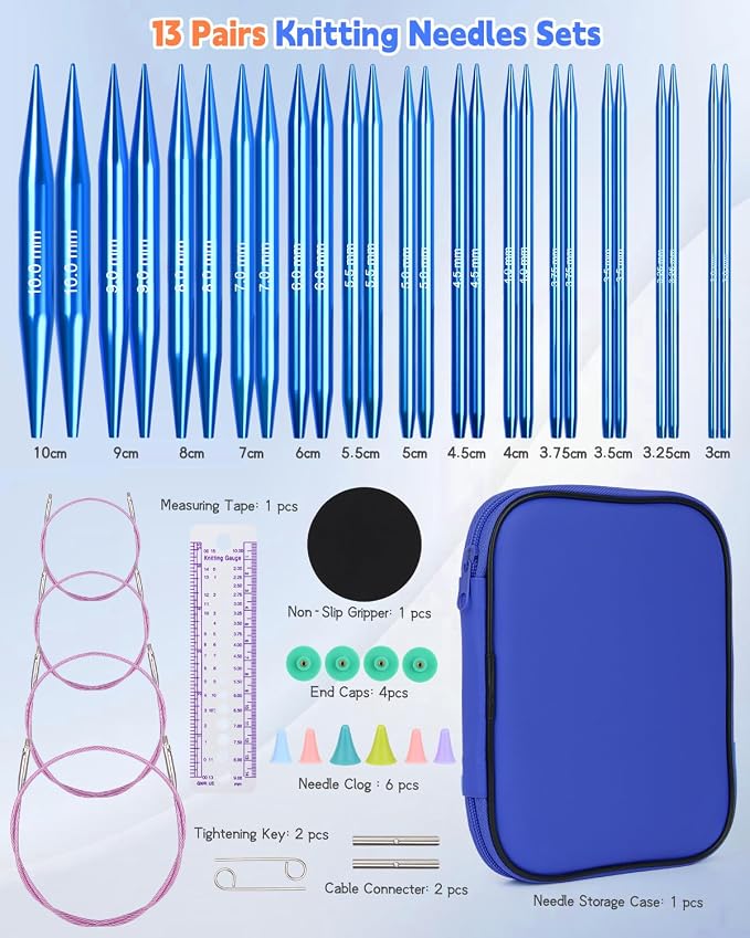Aeelike 13 Pair Interchangeable Circular Knitting Needles 3-10 mm, Blue | Aluminum Interchangeable Knitting Needles with 4 Cables, Smooth Complete Needles Set for Socks Blankets Sweaters, Ideal Gift