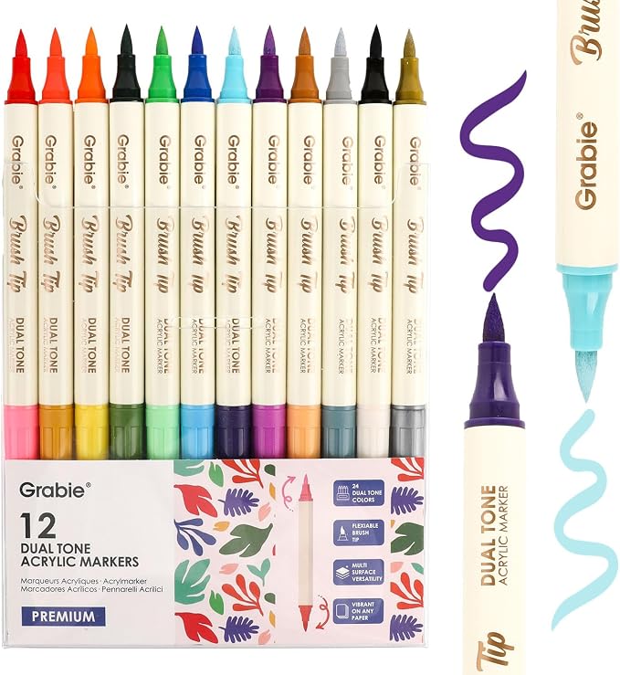 Grabie 24 Color Acrylic Paint Markers, Pack of 12 Dual Tip Brush Pens | 24 Colors in 12 Markers,Dual Tip Soft Brush Design,Water-Based Acrylic Ink For Paper, Rock, Wood, Canvas, Glass & Fabric