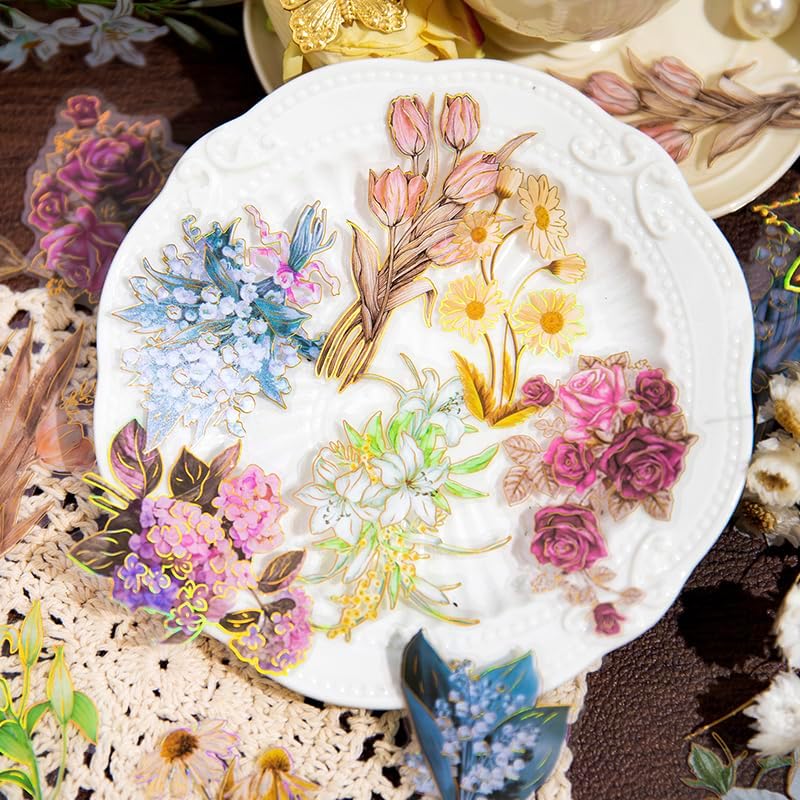 80Pcs Natural Flower Stickers for Scrapbooking,Self-Adhesive Transparent Flower Stickers Scrapbook Supplies Journaling Supplies for Adult Card Making Letters DIY Water Bottle Cards Decoration