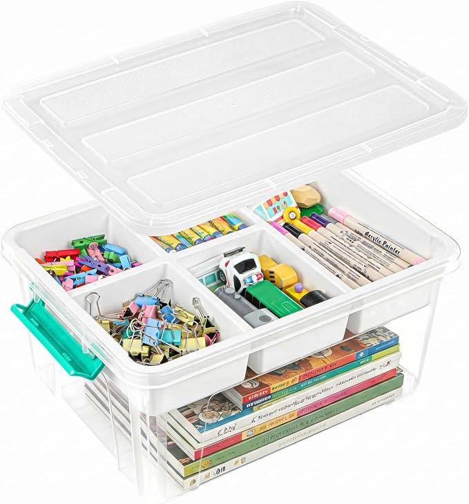 EOENVIVS 17 QT Clear Craft Storage Organizer Box with Removable Tray, Plastic Storage Bins with lids for Kids Art Supplies, Toys, Beads, Tools, Sewing & Classroom Clear+Green Bulcket