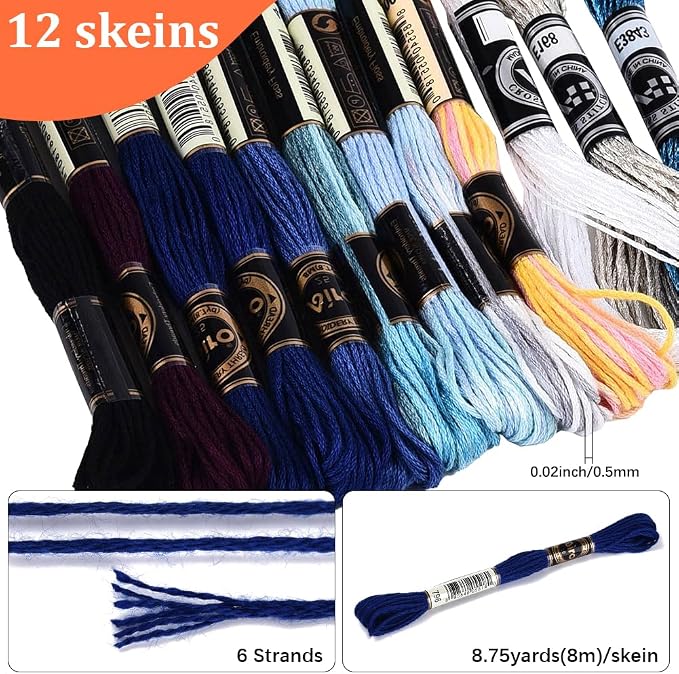 12 Skeins 105 Yards 6 Ply Embroidery Floss Blue Gradient Friendship Bracelet Variegated String Cord Mixed Color Cross Stitch Gradient Yarn Thread Set for Sewing Making Jewelry DIY Crafts