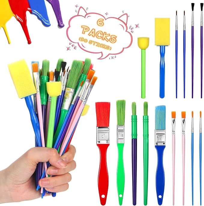 Lincia 90 Pcs All Purpose Paint Brush Set Bulk for Acrylic and Washable Paints, Easy to Clean and Hold, Round and Flat Kids Brushes, Great with Watercolors