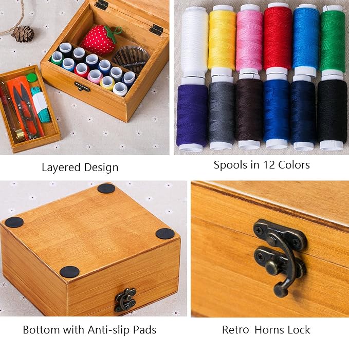 Flytreal Sewing Kit Small Box Basket, Wooden Hand Home Sewing Repair Tool Kit, Beginner Universal Sew Kit Accessories for Women, Men, Adults, Girls, Kids