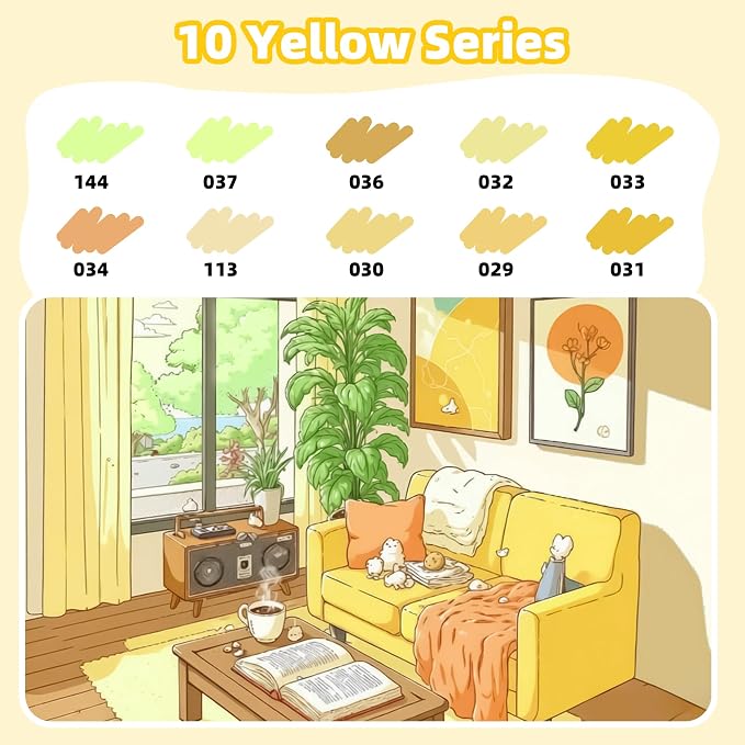 LIULIUCAI 10 Yellow Dual Markers, Fine & Brush Tip Pen for Adult Coloring