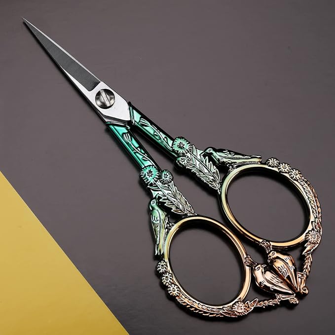 YOUGUOM Precision Embroidery Scissors, Sharp Sewing Scissors | Small, Pointed Tip, for DIY Craft, Cross Stitch, Needlework, Artwork, Knitting, Threading Tools, 4.6in, Green, Cute Bird