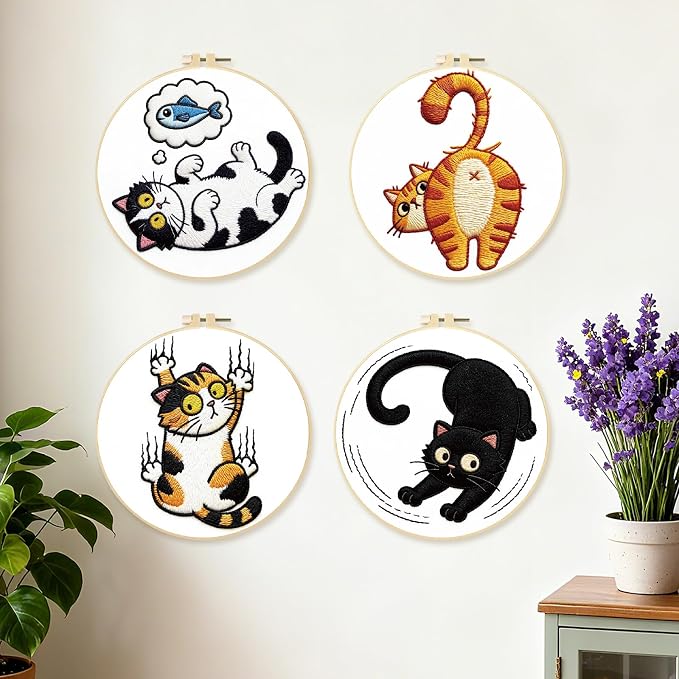 BEUNITONE 4PCS Fun and Funny Cat Embroidery Kit for Beginners, Cute Pre-Print Cat Pattern Hand Embroidery Kits with Hoop and Instruction, DIY Needlepoint Craft Kit for Gifts and Home Decor
