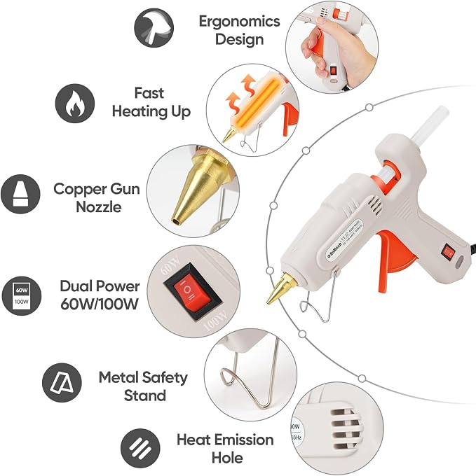 RoMech 60/100W Dual Temp Hot Glue Gun and Sticks Set, Full Size with Case