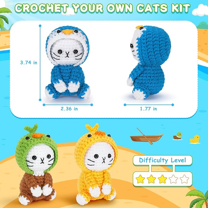 Crochet Kit for Beginners, 3 Pack Duck Cat Crochet Kits with Step-by-Step Video Tutorials, Beginner Crochet Kit for Adults, Crochet Animal Kit for Starters, DIY Craft Gift for Cat Lover