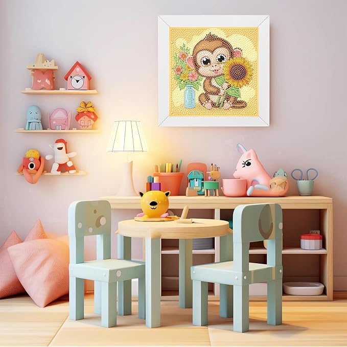 ajepon Monkey Diamond Art Kits for Kids with Frame, Animal Diamond Art for Kids Ages 8-12, Monkeys Diamond Painting Kits for Kid with Beautiful Package for Gift Home Wall Decor (7x7inch)