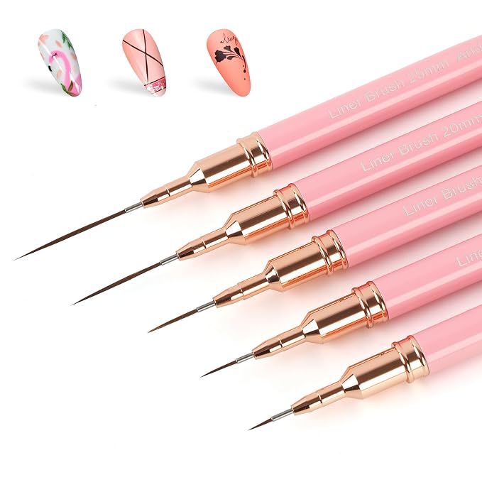 Artdone Metallic Nail Art Pens, Liner Brushes Set, 5PCS Pink Nail Tools