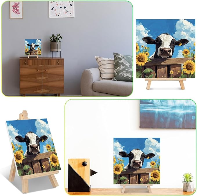 ajepon Cow Paint by Numbers Kit for Kids with Frame - Highland Cow Paint by Number for Kids, Kid Painting by Number Kits Age 6-8 for Home Wall Decor 8X8inch (with Wooden Easel)