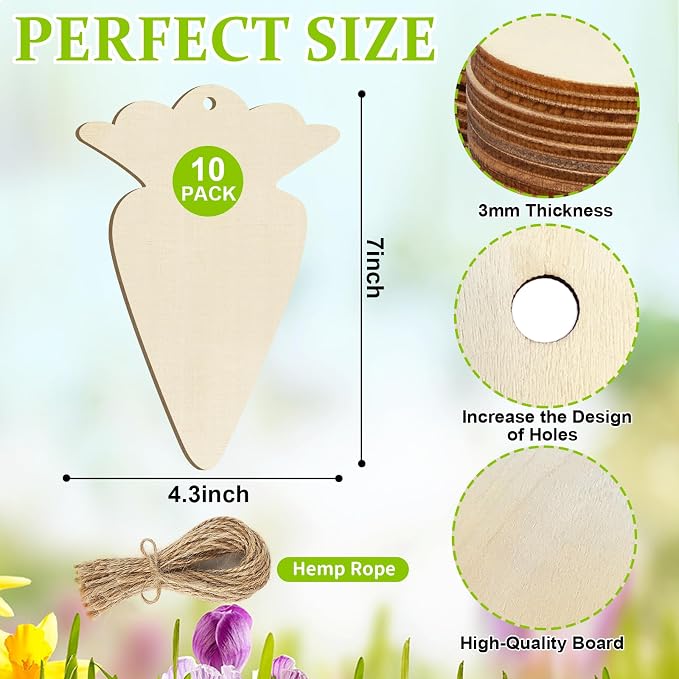 Large Size 7" Wooden Easter Ornaments to Paint, Carrot Wooden DIY Blank Unfinished Round Wood Discs Ornament for Crafts Hanging Decorations(10PCS)