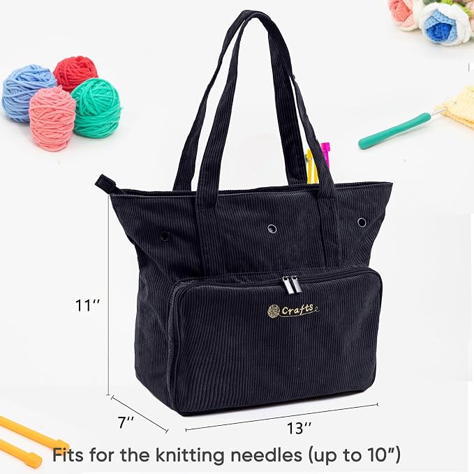 MYBAGZING Large Yarn Tote Organizer – Corduroy Knitting Storage Holder for Yarn, Hooks & Accessories, Portable Craft Carryall for Crocheting Lovers, Mother’s Day Gift