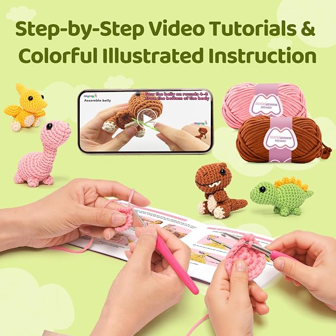 Mewaii Crochet Kit for Beginners, 4 Pack Dinosaur Set Craft Set | 40% Extra Yarn, Video Tutorial, Pre-Started Piece, Beginner Friendly, Family Craft Gift for Adults & Kids