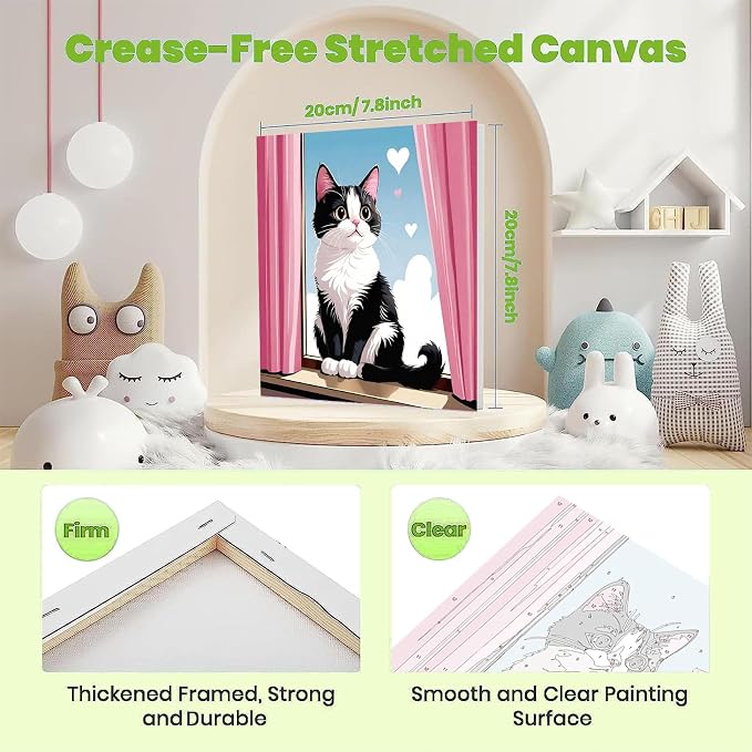 Cat Paint by Numbers Kit for Kids with Frame - Cute Cat Paint by Number for Kids, Cats Kid Painting by Number Kits Age 6-8 for Home Wall Decor 8X8inch (with Wooden Easel)