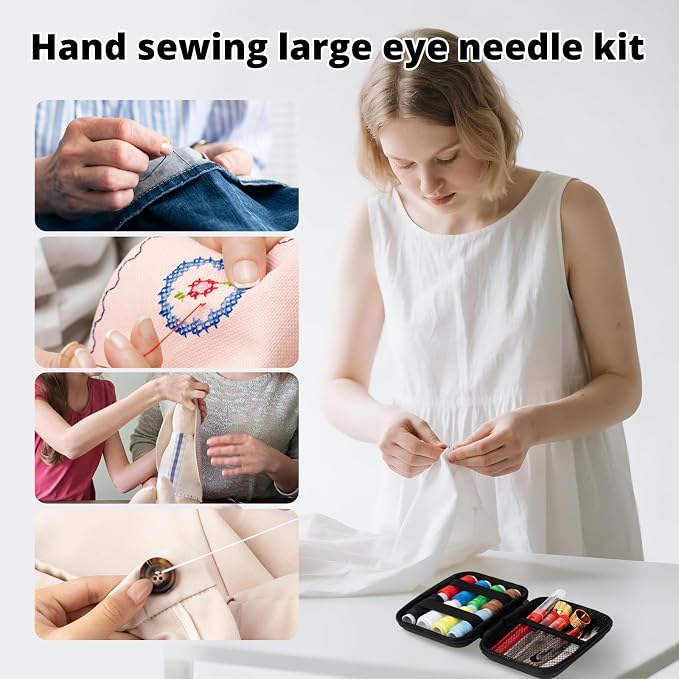 ZMLLAYE 68 Pcs Big Eye Sewing Needles Kit, Stainless Steel Hand Sewing Set | sewing kit with big eye needles, threads, thimbles, threader and storage bag for embroidery, crafts, and repairs.