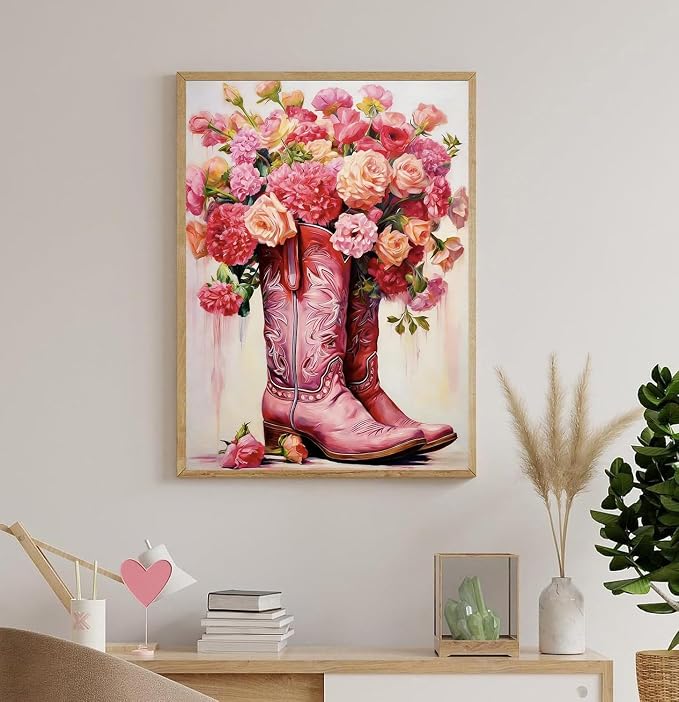 Accompany Wind Pink Boots Diamond Art Kits for Adults, 5D Boots Flower Diamond Painting Kits for Beginners,DIY Round Full Drill Diamonds Gem Art Crafts for Home Wall Decor Gifts 12x16 Inch