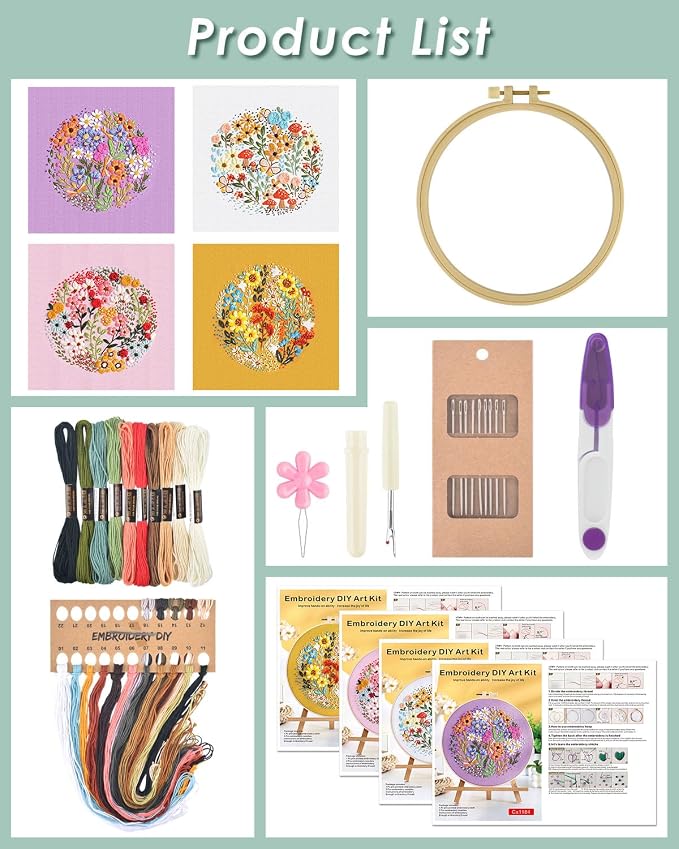 ERKOON 4 Sets Embroidery Kit for Beginners,Hummingbird and Flower Cross Stitch Set for Include Embroidery Cloth Hoops Threads for Craft Lover Hand Stitch (Flower)