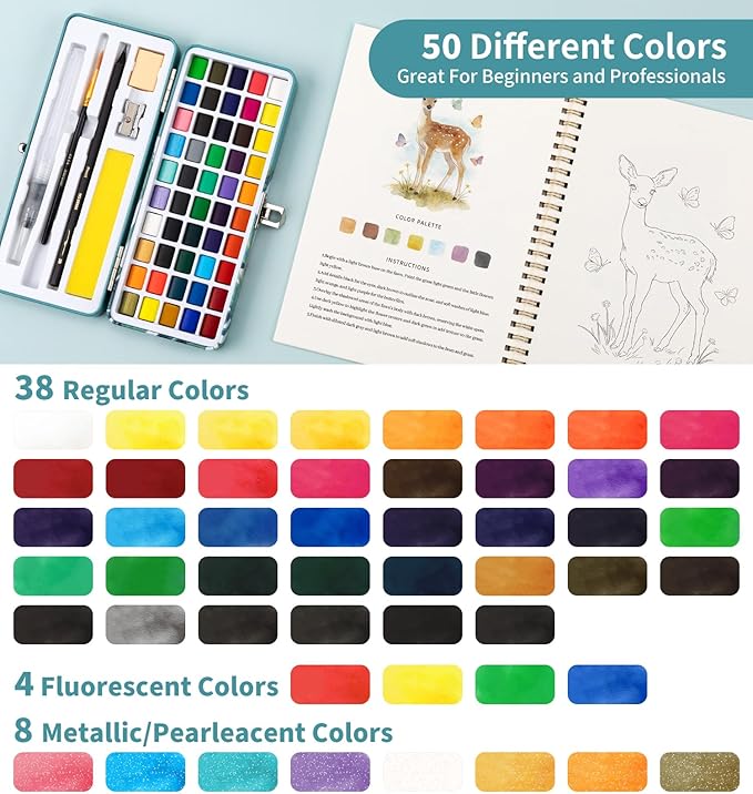 Watercolor Workbook with 12 Animal Patterns, 50 Colors Watercolor Paint Set | Water Coloring Book, Beginner-Friendly Watercolor Workbooks for Creative Exploration Gift for Adults
