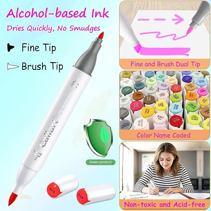 Caliart 81 Colors Alcohol Markers Dual Tip Brush & Fine Art Drawing Markers | Permanent Sketch Pens for Adults Coloring Book, Artists, Beginners, Hobbyists, Art Supplies Gifts, Colored Markers with Case