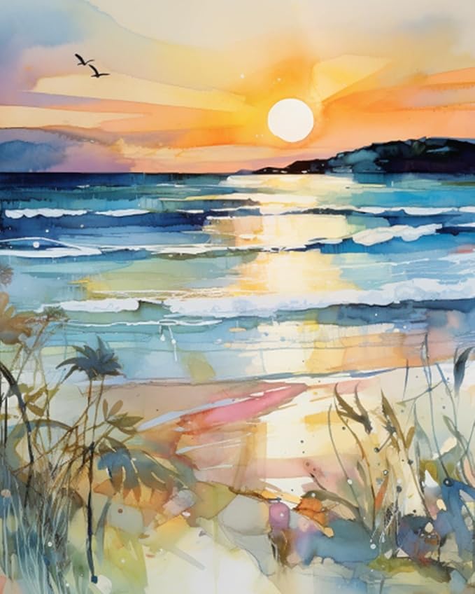 Sunset Beach Sea Landscape Paint by Numbers Kits 16x20 inch Canvas DIY Oil Painting for Kids, Students, Adults Beginner with Brushes Acrylic Pigment Graffiti Abstract Beach Photo Gift(DIY Frame)
