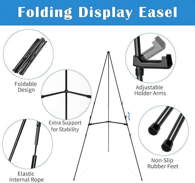 Falling in Art 3 Pack 63" Display Easel Stand, Holds 5 lbs | Instant Adjustable Poster Easel, Easy Folding Portable Tripod Stand for Signs, Posters, Wedding