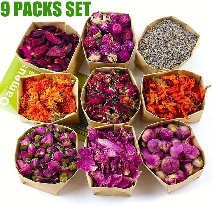 9 Bags Set Dried Flowers - Candle Making Soap Making DIY Candel Natural Flowers-,Lily,Don't Forget Me,Lavender,Mint Leaf,Rose Petal, Red Rose,Globe Amaranth,Chrysanthemum.