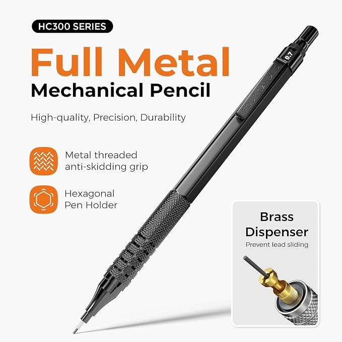 Four Candies 2PCS 0.5mm & 0.7 mm Metal Mechanical Pencils Set, 360PCS Lead Refills, 12 Erasers, Cool Lead Pencil with Case for School Writing, Sketching, Technical Work, Art Projects, Black