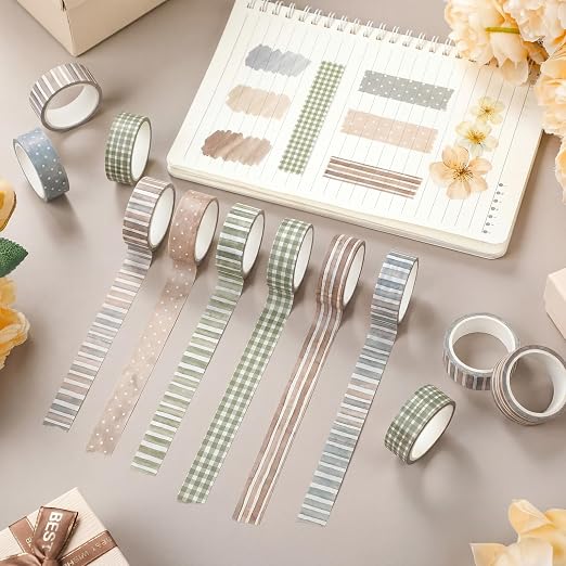 12 Rolls Floral Washi Tape Set,Watercolor,Stripes and Plaid | Watercolor Flowers Design for Scrapbook Journal DIY Craft School Supplies, 15 mm Vintage Decorative Masking Washi Tapes