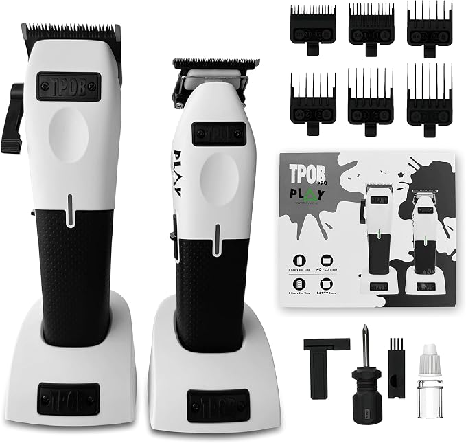 TPOB Play Barber Hair Clippers & Trimmer for Men 7500 RPM with Rubber Grips (White 2 Set)