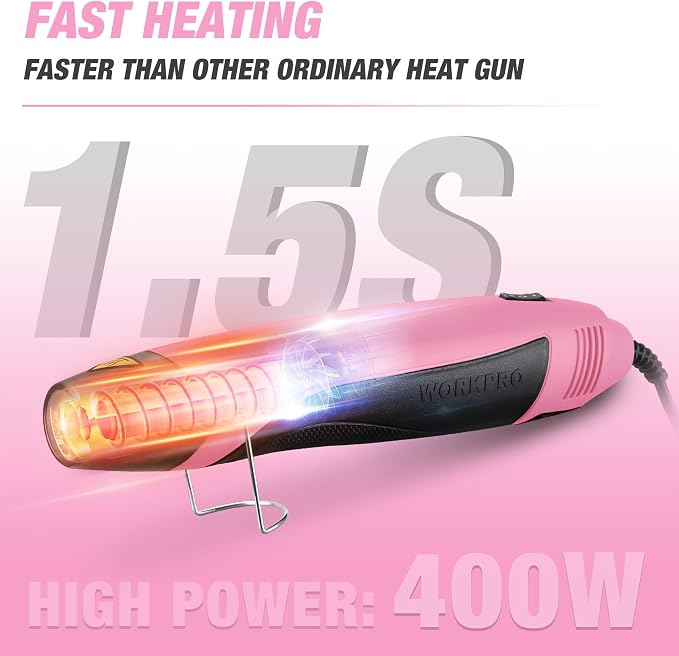 WORKPRO 400W Mini Heat Gun with Reflector Nozzle and 2 Temp Settings | 482℉/842℉ Dual Temperature Settings, 5.9ft Cable, Overload Protection, Ideal for Crafts, PVC Shrink Wrapping and Embossing