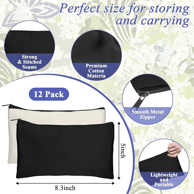 Legigo Blank Canvas Bags Zipper Pouch Makeup Bags Pencil Pouch Bulk | Multi-Purpose, Sturdy Canvas Pouch with Zipper, Cosmetic Travel Toiletry Bag for DIY Crafts, Gifts & Storage, 8.3 x 5 Inch
