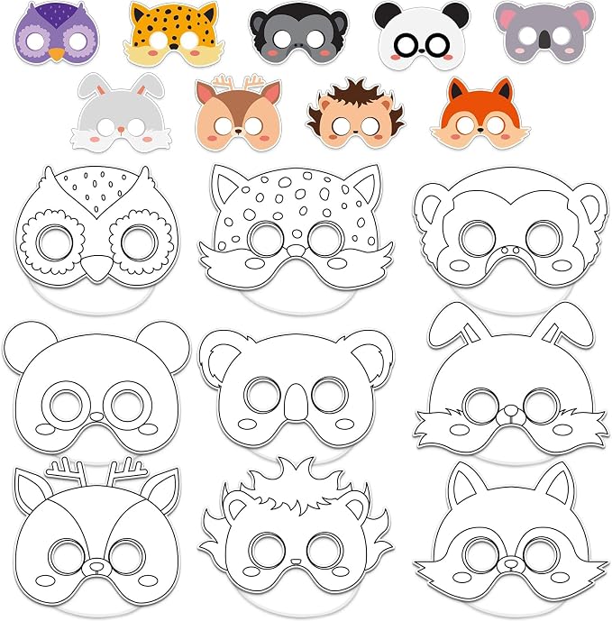 Lonfliness 63 Set Animal Coloring Mask Jungle Paper Crafts Kids Color Your Own Wild Blank DIY Mask Masquerade Birthday Party Dress-Up Decoration Favor School Classroom Activity Game Supplies Wildlife