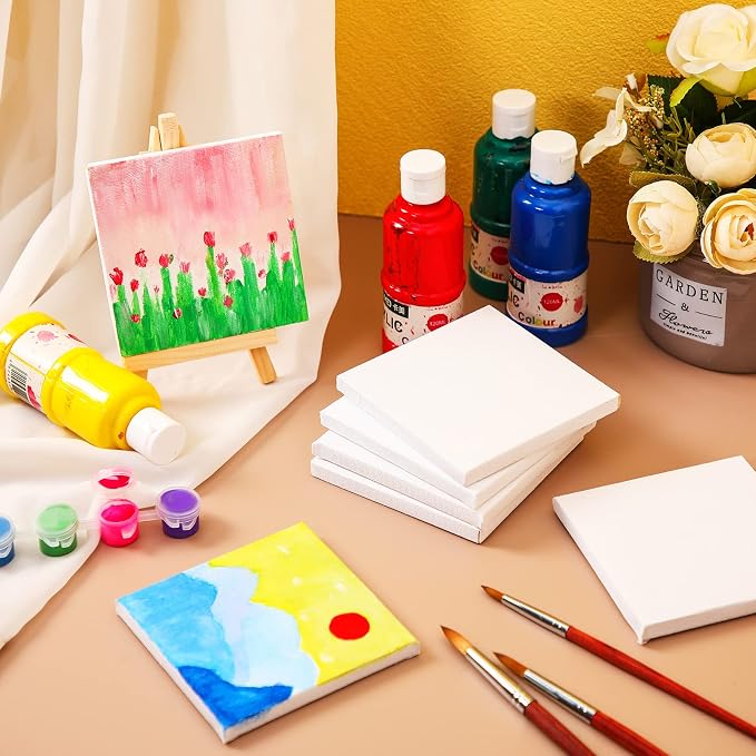 Maitys 200 Pcs 4x4 Inch Mini Canvas Boards for Painting 0.3in Thickness Small Stretched Canvas Bulk Blank Boards Art Panels for Kids Birthday School Project Home Decor Oil Acrylic Watercolor