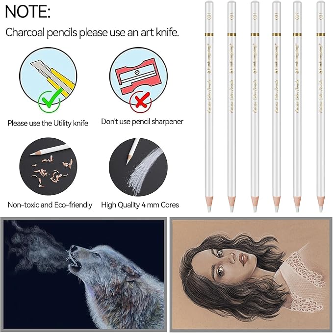 White Color Pencils, Professional 6 Pack Draw Pencil for Sketching, White Sketch Pencils for Sketching, Shading, Blending, Chalk for Beginners & Artists, Art Supplies for Drawing and Highlighting